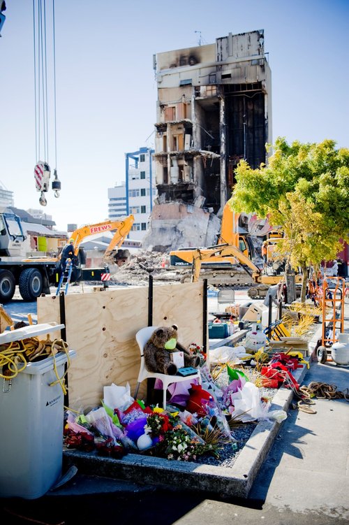 Flowers and gifts left at the site of the CTV Building to honour those who lost their lives in the building during the 22 February 2011 earthquake.