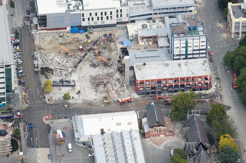 An aerial view of Christchurch a week after the 22 February 2011 earthquake. The CTV site can be seen.