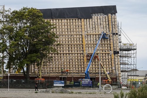 The partially constructed cardboard cathedral, consisting of large cardboard tubes