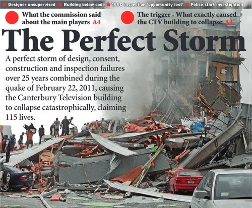 An incomplete front page layout featuring an article about the Royal Commission of Inquiry into the CTV building collapse. The page includes a photo of the CTV ruins, as well as various titles and text. The most prominent title reads "The Perfect Storm," accompanied by the blurb "a perfect storm of design, consent construction and inspection failures over 25 years combined during the quake of February 22, 2011, causing the Canterbury Television building to collapse catastrophically, claiming 115 lives."