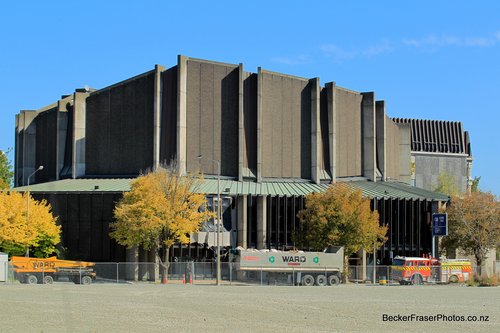 Christchurch Town Hall, fenced-off, view from Peterborough Street