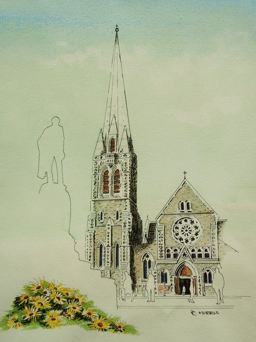 A digital copy of a pen and ink and watercolour painting by Raymond Morris, titled, &#x27;Christ Church Cathedral 2&#x27;. Morris has rendered the painting so the spire of the cathedral is simply an outline, to represent the damage it suffered in the 22 February earthquake