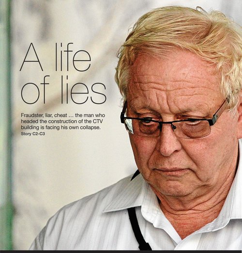 An infographic from The Press newspaper, depicting a photo of Gerald Shirtcliff with the headline "A life of lies."