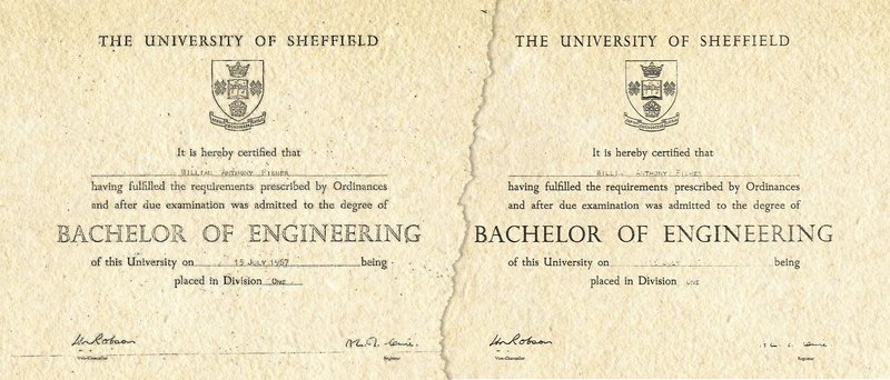 A side-by-side comparison of Gerald Shirtcliff&#x27;s degree (left), which is a copy of William Fisher&#x27;s (right). The two documents are identical, except the left looks more faded, and the name and date is harder to make out.