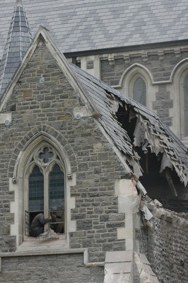 Spigel in cathedral window with the partially collapsed roof visible