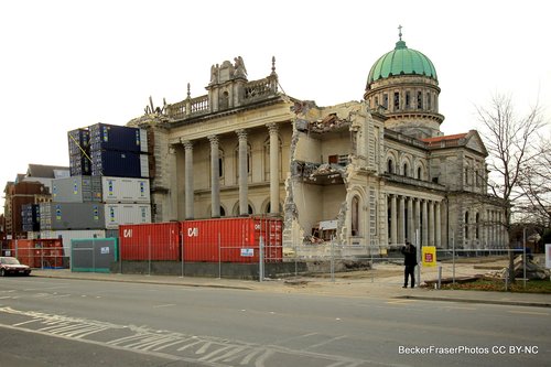 Basilica, damaged post-quake, street view of shipping containers