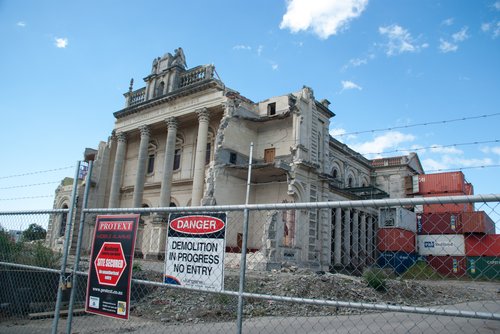 Basilica, Front view, damaged post-quake, fenced up with danger sign