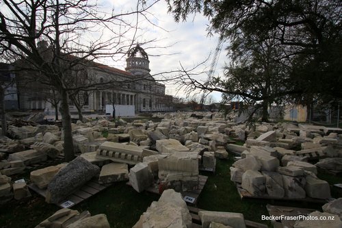 Basilica, Building pieces laid out on the grass, post-quake