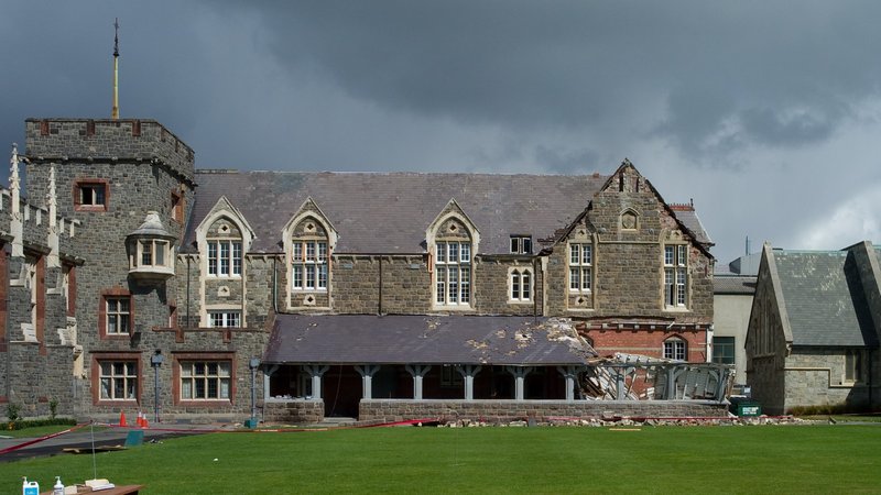 A photo of the Julius and Harper Houses at Christ&#x27;s College School. The awning on the building has collapsed as a result of the February earthquake.