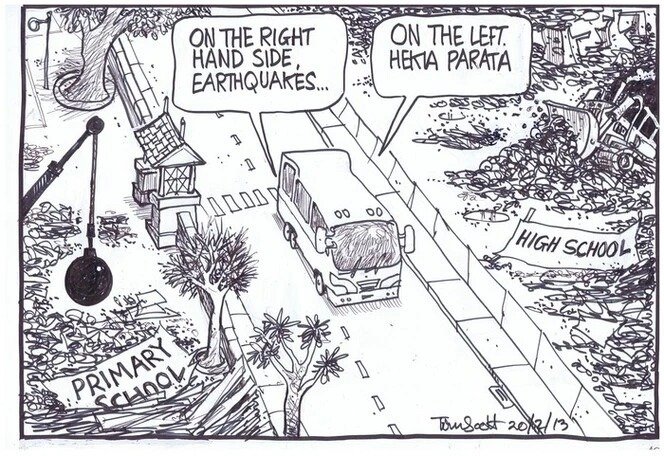 A black-and-white cartoon sketch of a tour bus going down a street with deconstruction sites either side. The right side is labelled "HIGH SCHOOL", and is being bulldozed, and the left side is labelled "PRIMARY SCHOOL", with a crane with a wrecking ball present. Speech bubbles from a tour guide inside the bus read: "On the right hand side, earthquakes... On the left, Hekia Parata."