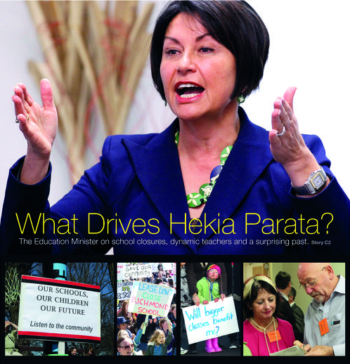 Caption from QuakeStudies: "The front page graphic for the Mainlander section of The Press. The main headline reads, "What drives Hekia Parata?"" It shows Parata from the chest up, mouth open speaking and hands extended, gesturing. Along the bottom of the infographic are four images of various other involved people or signs that are in protest of Parata&#x27;s proposals. The three signs read, from left to right, "OUR SCHOOLS, OUR CHILDREN, OUR FUTURE. Listen to the community." and "PLEASE DON&#x27;T CLOSE RICHMOND SCHOOL." and a child holding a sign saying "Will bigger classes benefit me?" The fourth image has two people wearing orange name badges looking down at a document together.